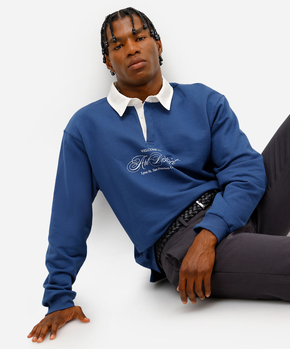 polo masculina de moletinho manga longa art district azul
