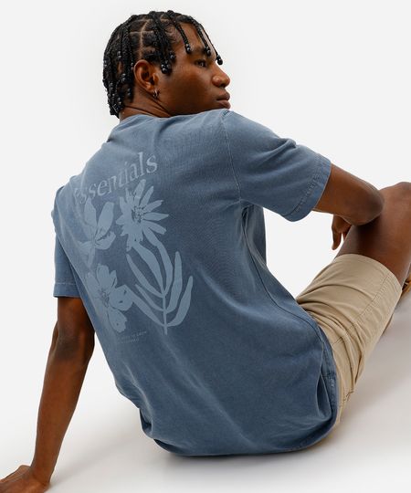 camiseta masculina de algodão estampada estonada azul M