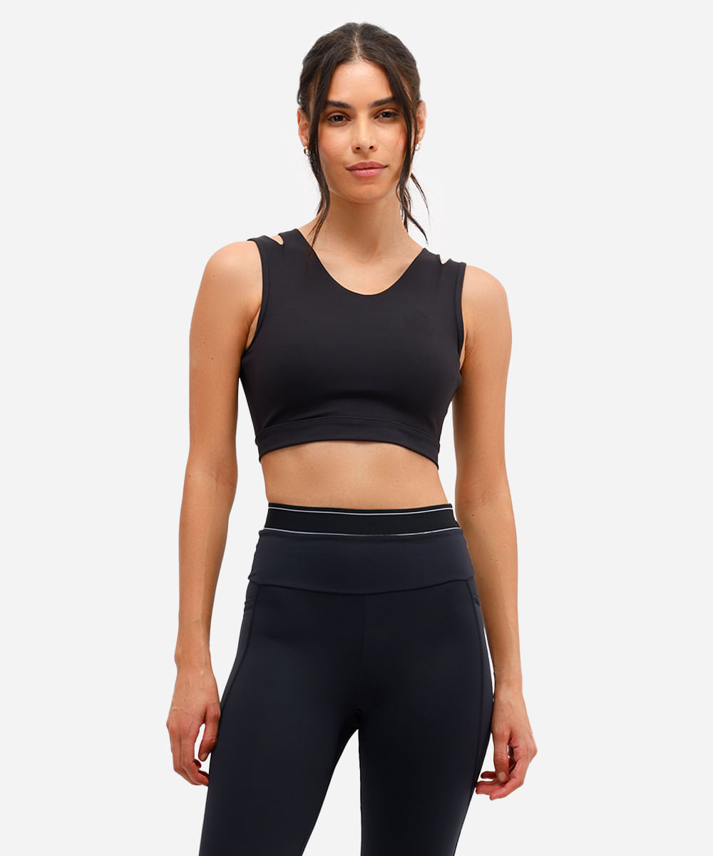 top feminino esportivo ace com recortes preto