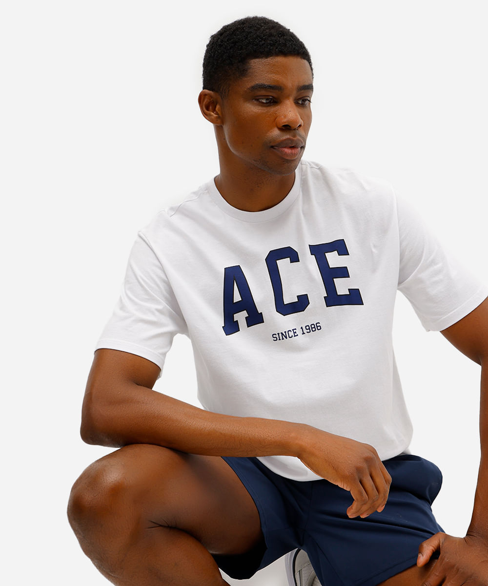 camiseta masculina de algodão esportiva ace estampada branca