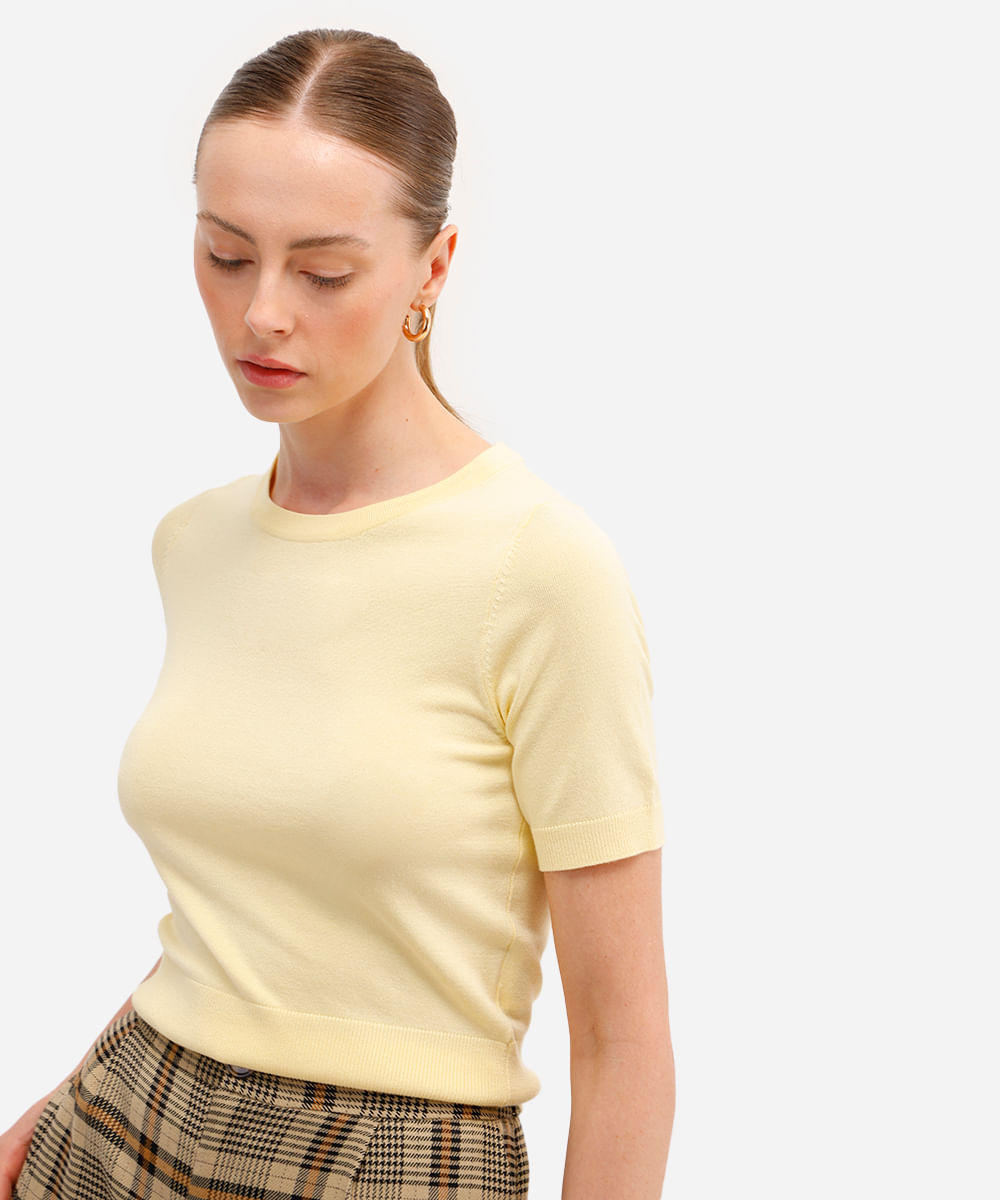 blusa cropped feminina de tricot manga curta amarela