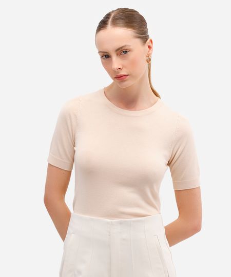 blusa cropped feminina de tricot manga curta bege PP blusa cropped feminina de tricot manga curta bege PP