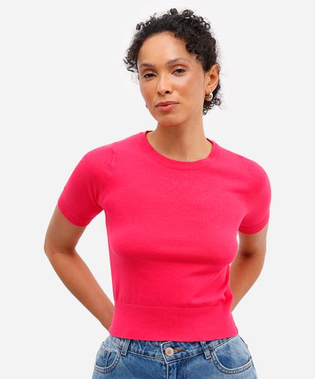 blusa cropped feminina de tricot manga curta rosa P