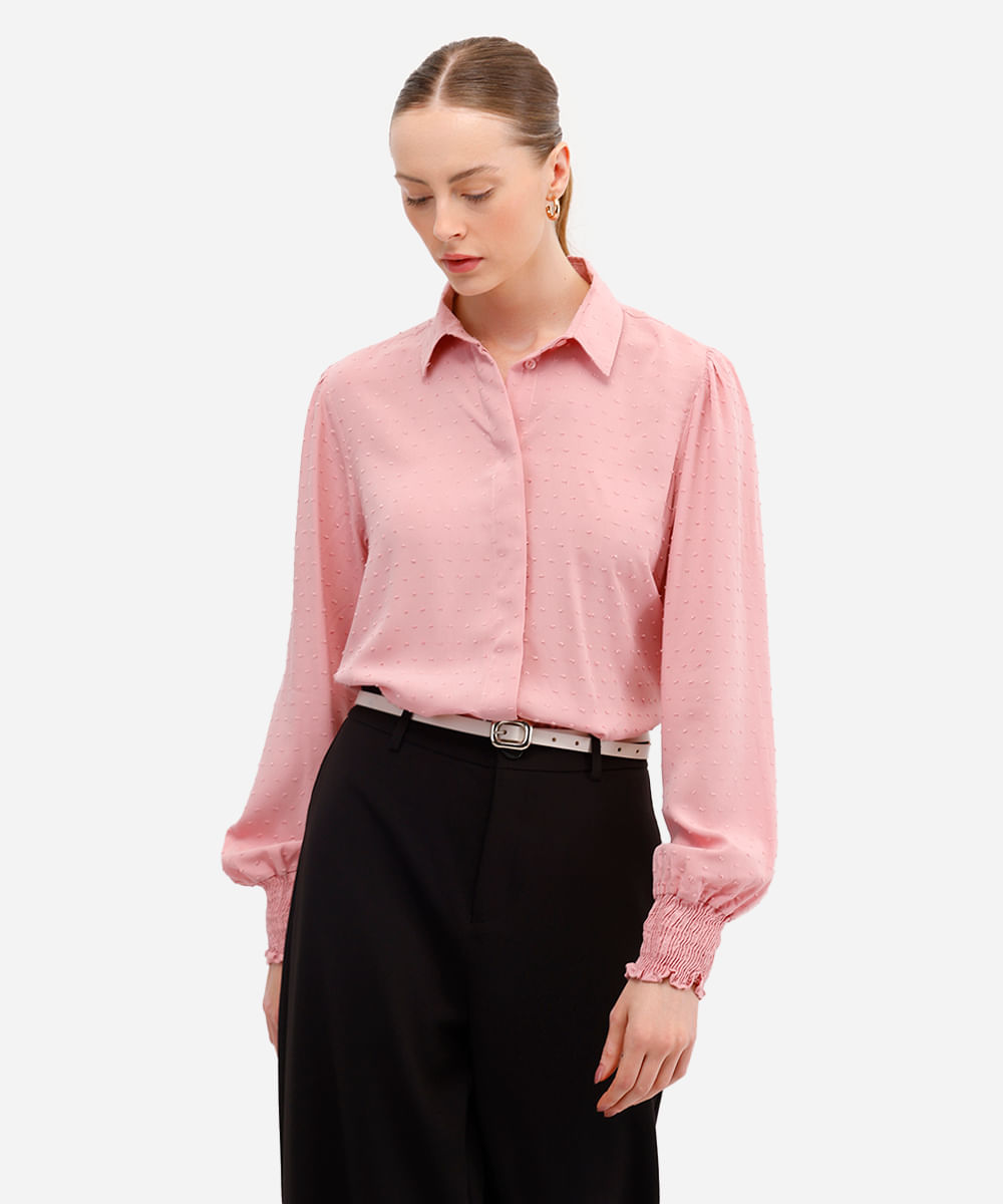 Vista 2 camisa feminina de viscose texturizada poá rosa C&A Rosê C&A Rosê