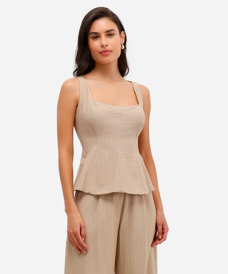 blusa peplum feminina risca de giz bege PP