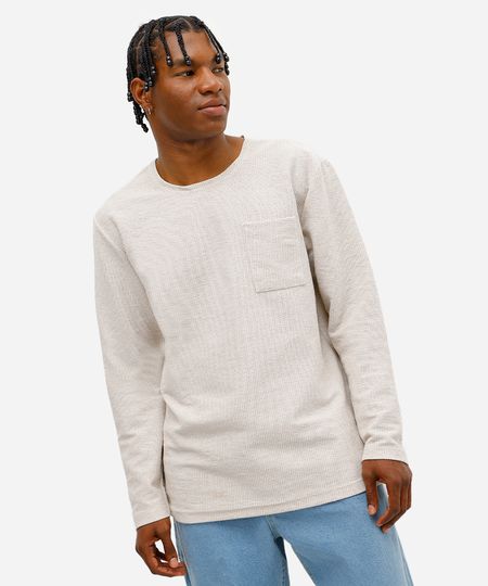 camiseta masculina manga longa texturizada bege P camiseta masculina manga longa texturizada bege P