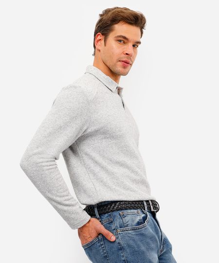 polo masculina manga longa texturizada cinza M polo masculina manga longa texturizada cinza M