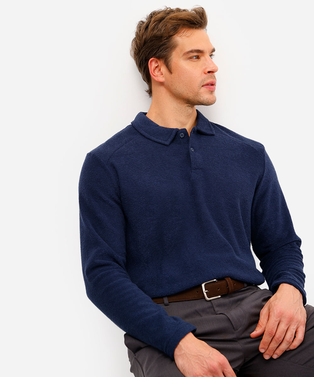 polo masculina manga longa texturizada azul