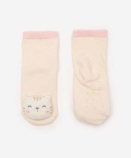 meia infantil cano médio gatinho off white 12-18