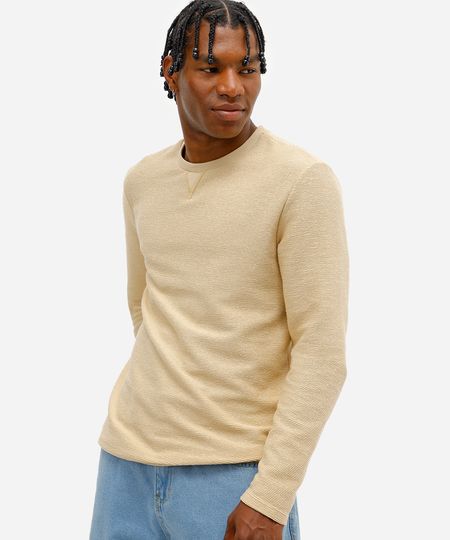 camiseta masculina manga longa texturizada bege P