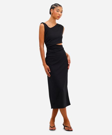 vestido midi feminino franzido com recorte preto GG