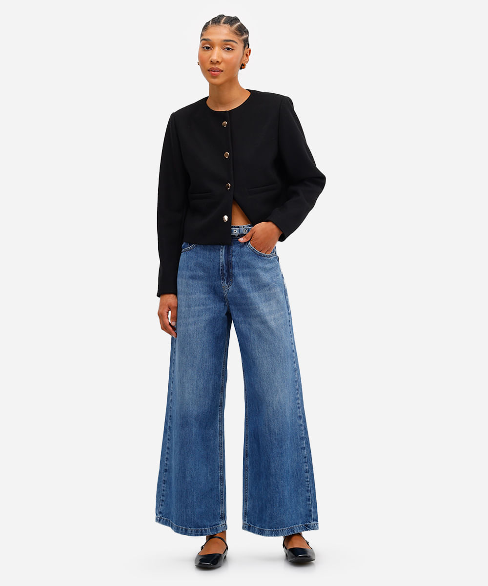 calça wide leg feminina jeans com cinto azul