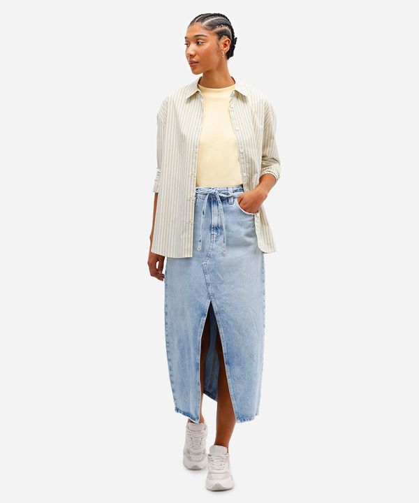 saia midi feminina jeans com fenda e cinto azul 34