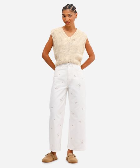 calça wide leg feminina jeans cropped bordado floral off white 34
