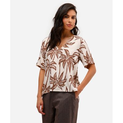 blusa feminina de viscose folhagens bege