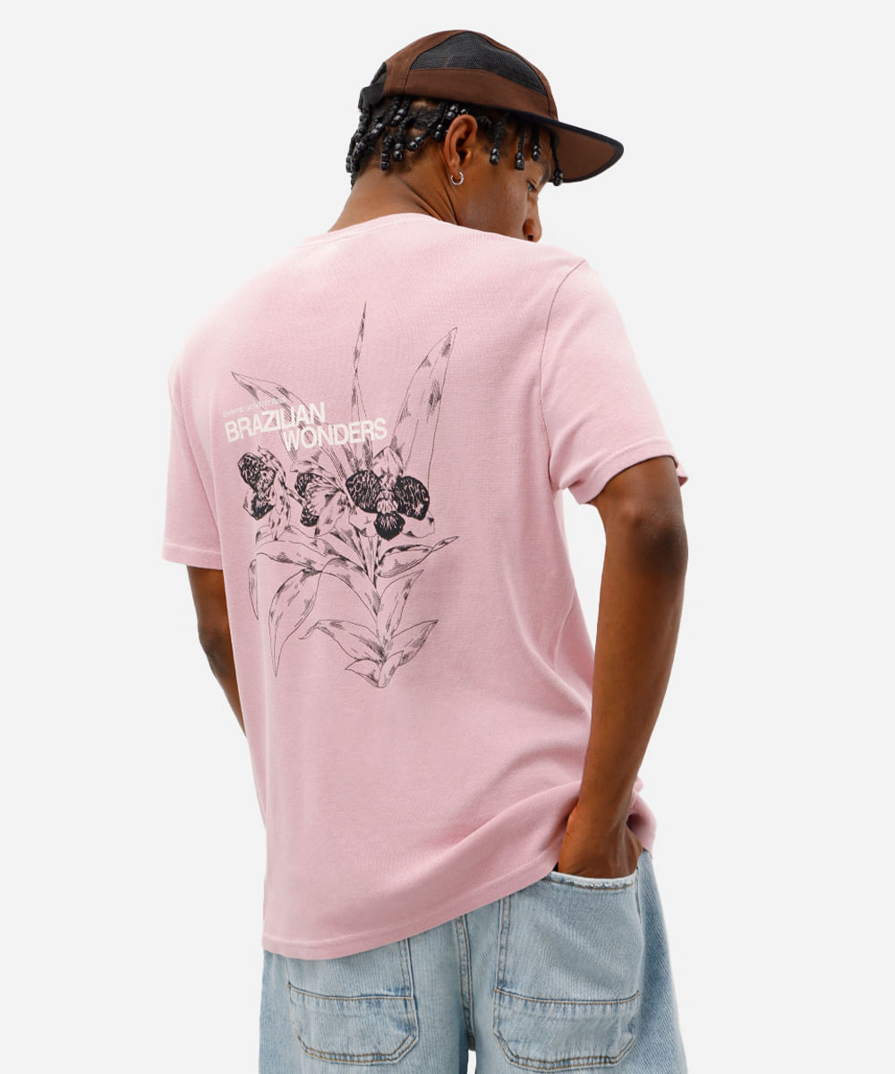 camiseta masculina de algodão floral estonada rosa