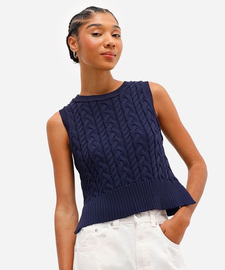 colete feminino de tricot texturizado azul PP colete feminino de tricot texturizado azul PP