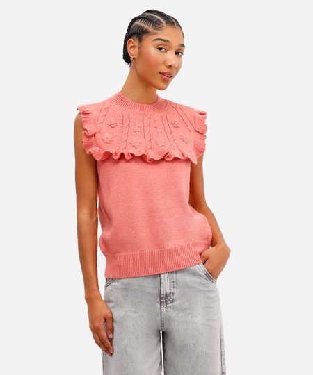 colete feminino de tricot com babados floral rosa M