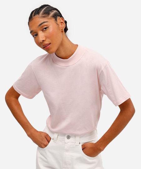 camiseta básica feminina manga curta gola alta rosa PP