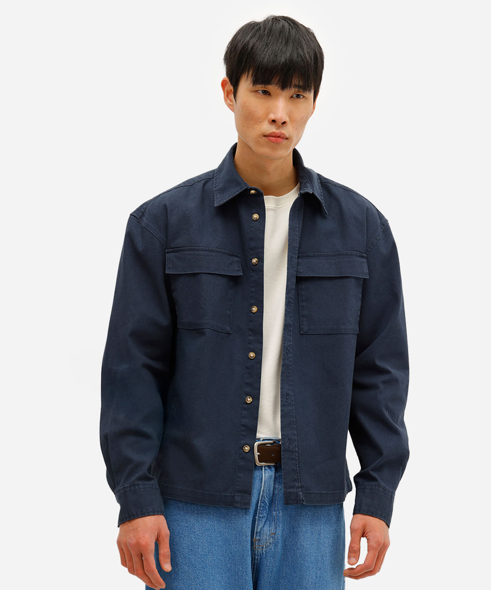 camisa overshirt masculina de sarja com bolsos estonada azul