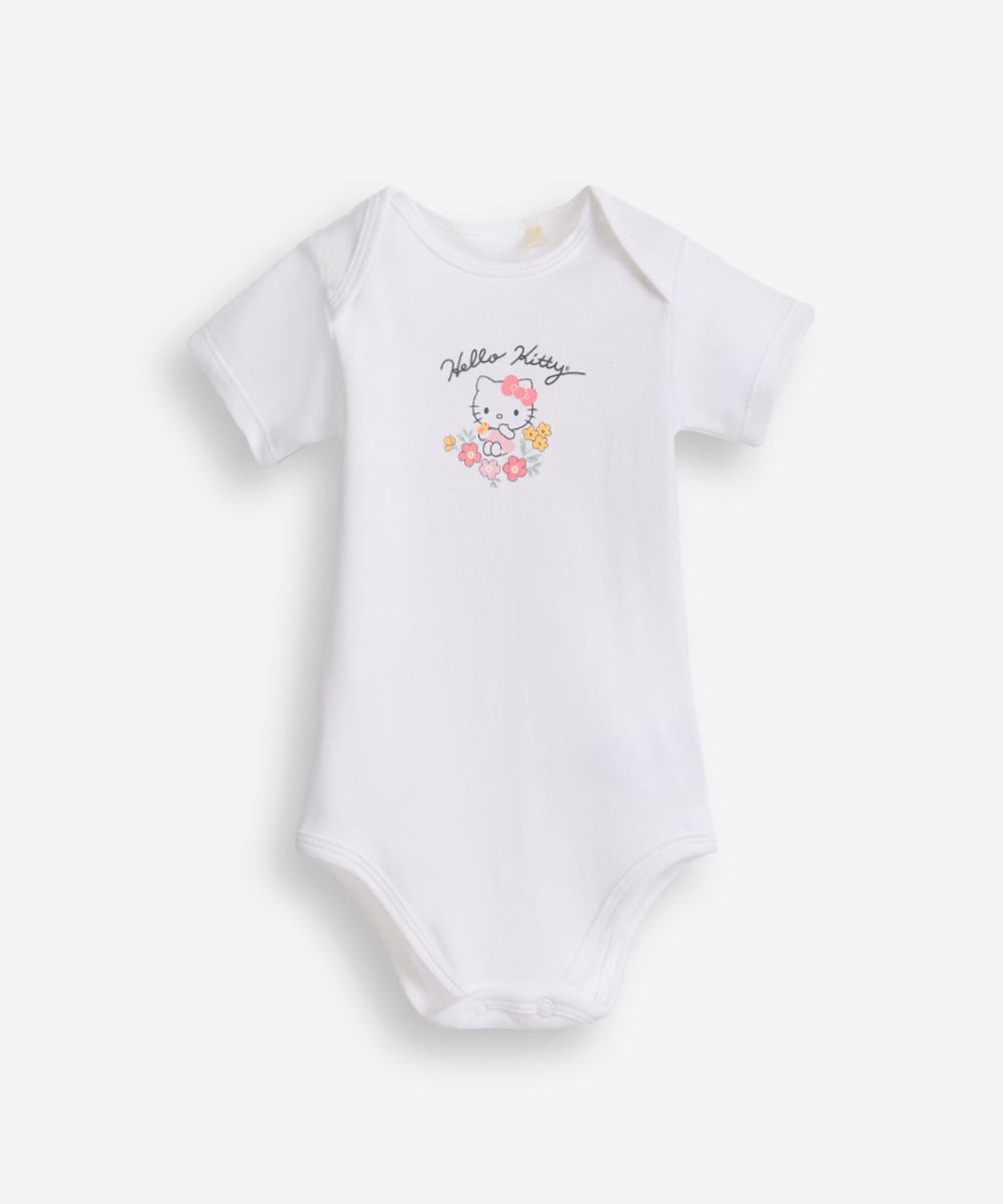 body infantil de algodão manga curta hello kitty off white