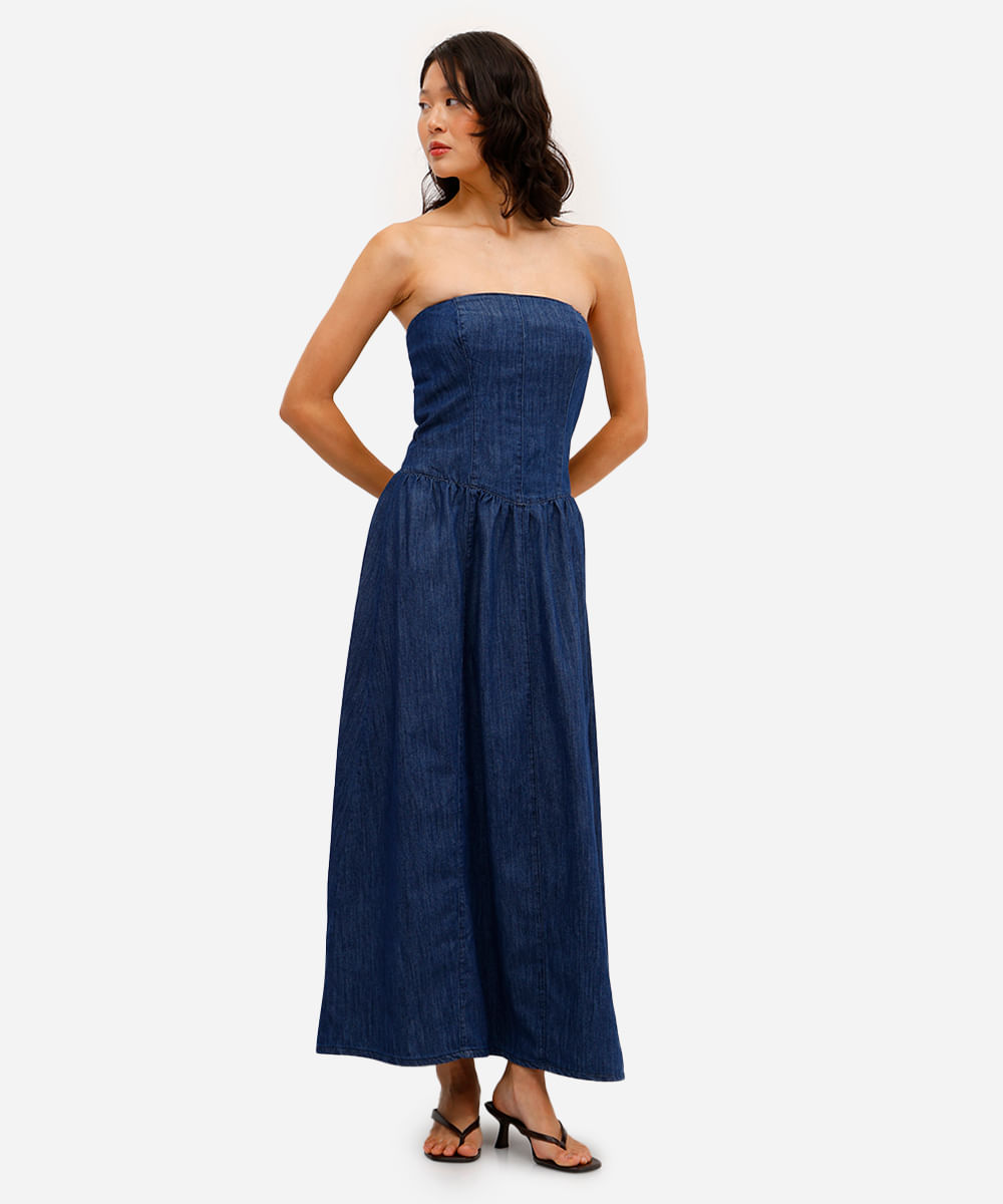 vestido midi feminino jeans sem alça azul