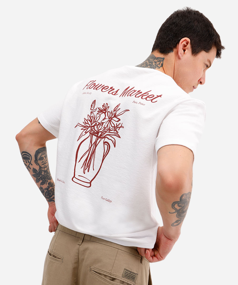 camiseta masculina de algodão manga curta flowers market off white
