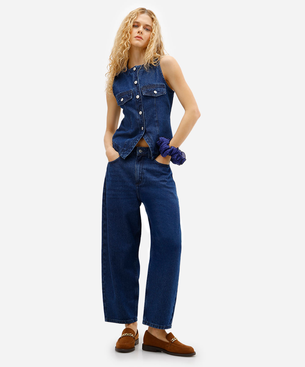 Vista 2 calça barrel feminina jeans cintura alta azul C&A Jeans Escuro C&A Jeans Escuro