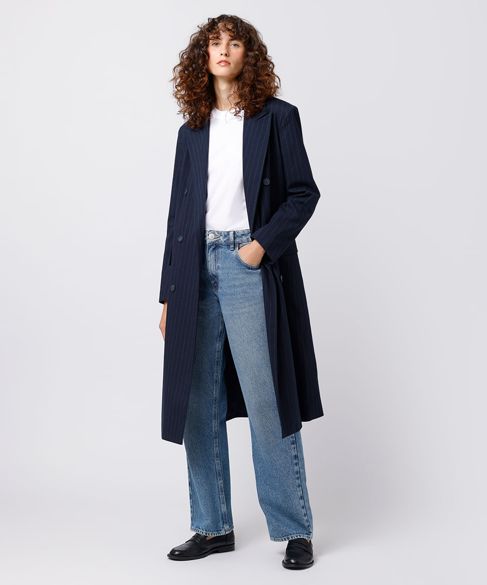 blazer feminino de alfaiataria alongado risca de giz mindset azul