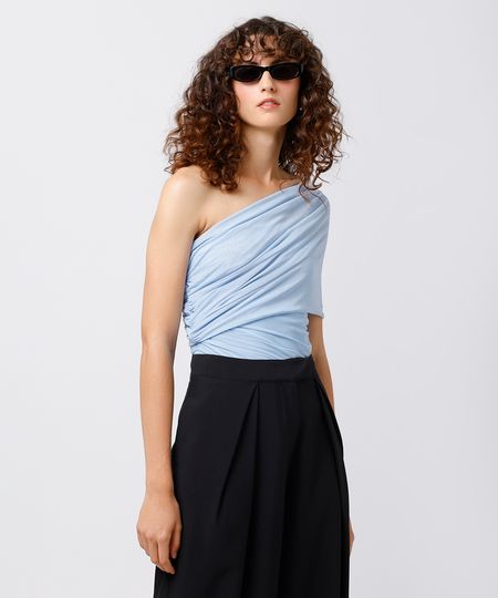 blusa ombro único feminina de tule franzida mindset azul M