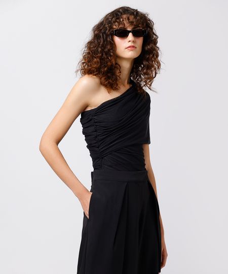 blusa ombro único feminina de tule franzida mindset preta P blusa ombro único feminina de tule franzida mindset preta P