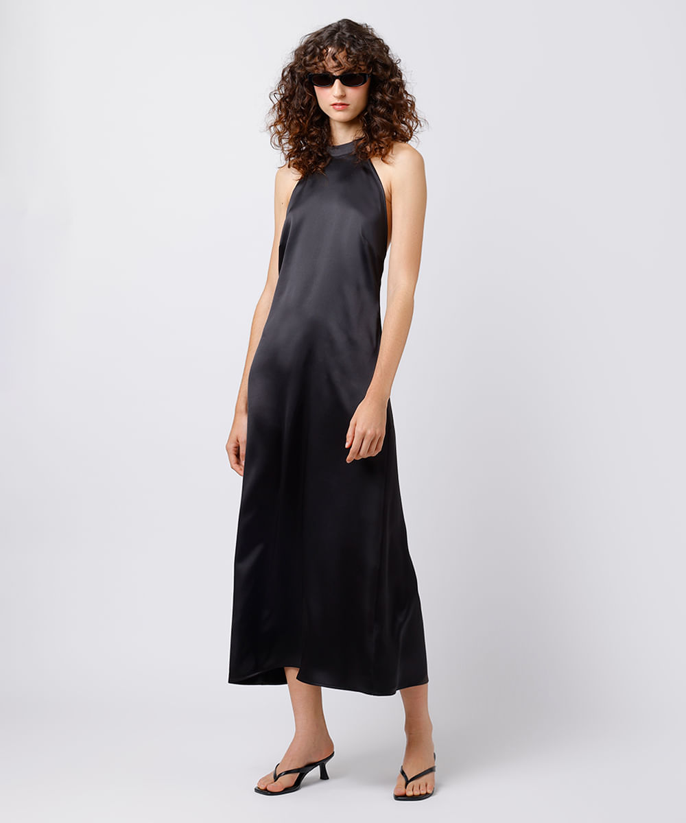 vestido midi feminino frente única acetinado mindset preto