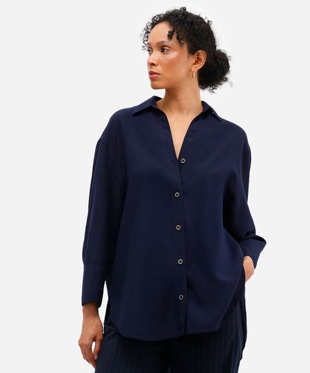 camisa feminina com linho azul P camisa feminina com linho azul P