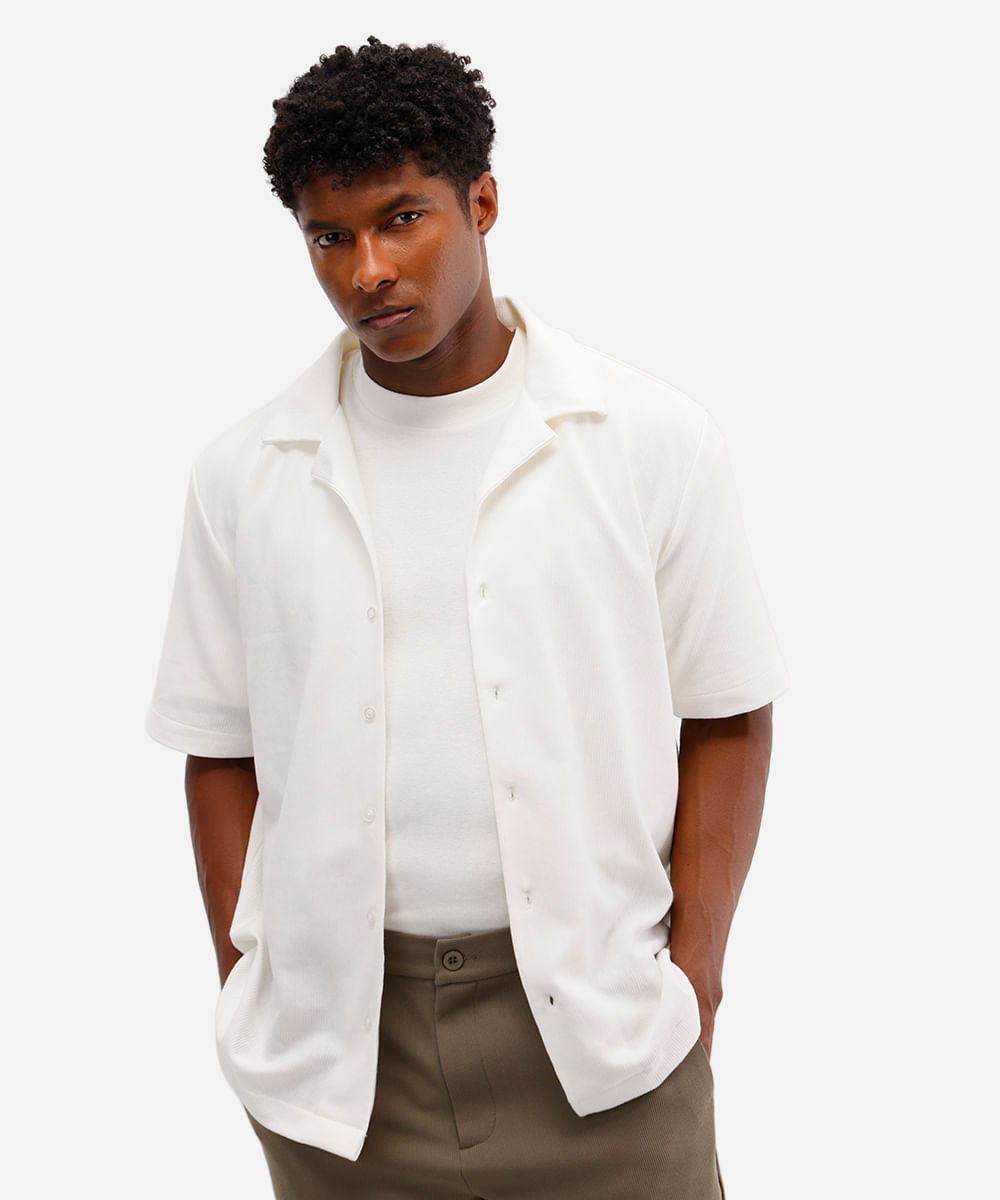 camisa masculina de algodão manga curta canelada off white