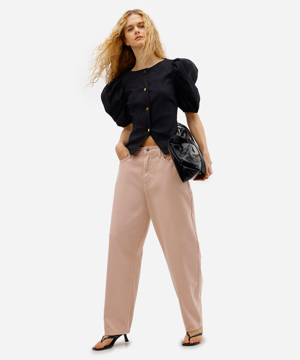 calça balloon feminina de sarja cintura alta rosa