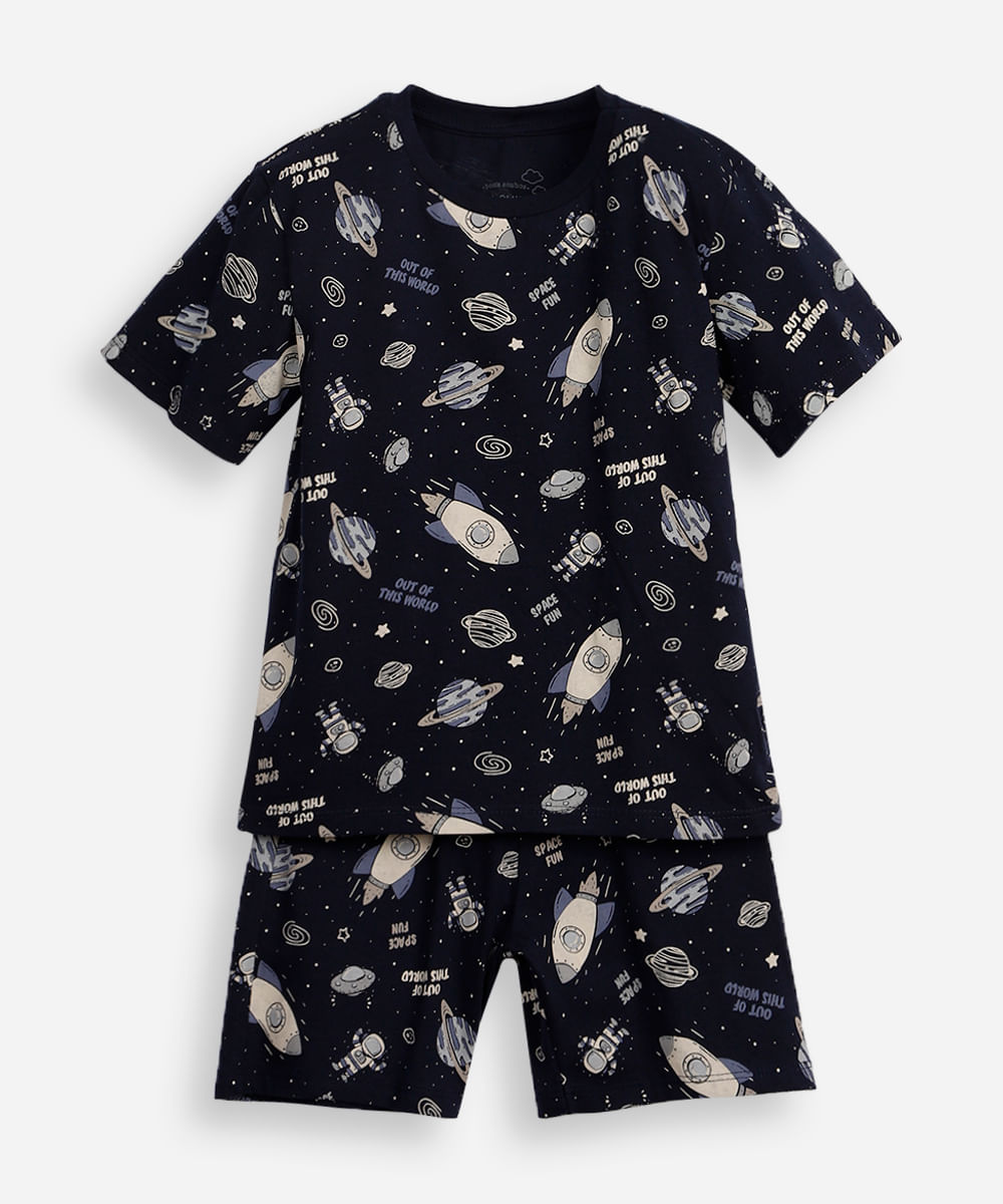 camiseta de pijama infantil manga curta galáxia azul