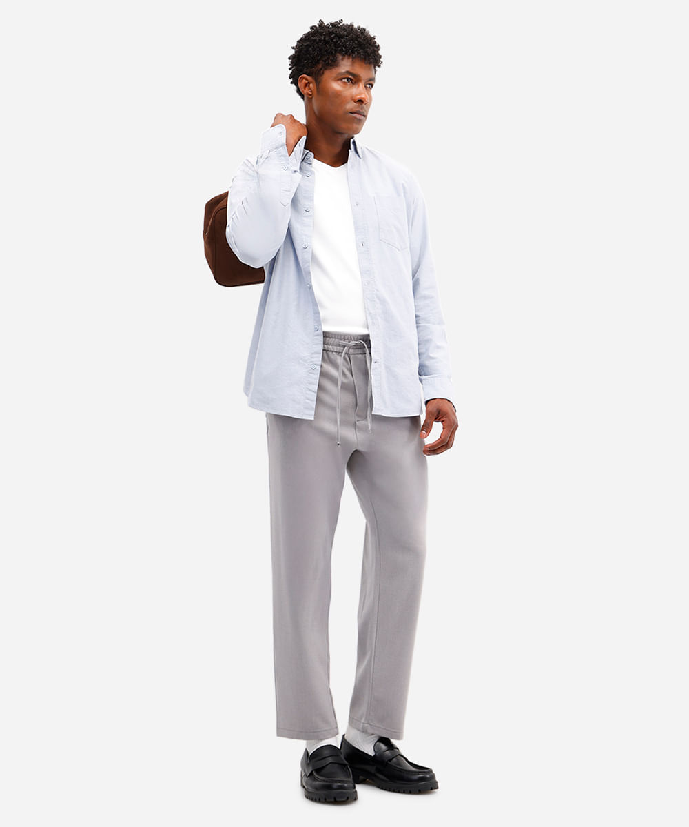 calça reta masculina bolsos chino cinza