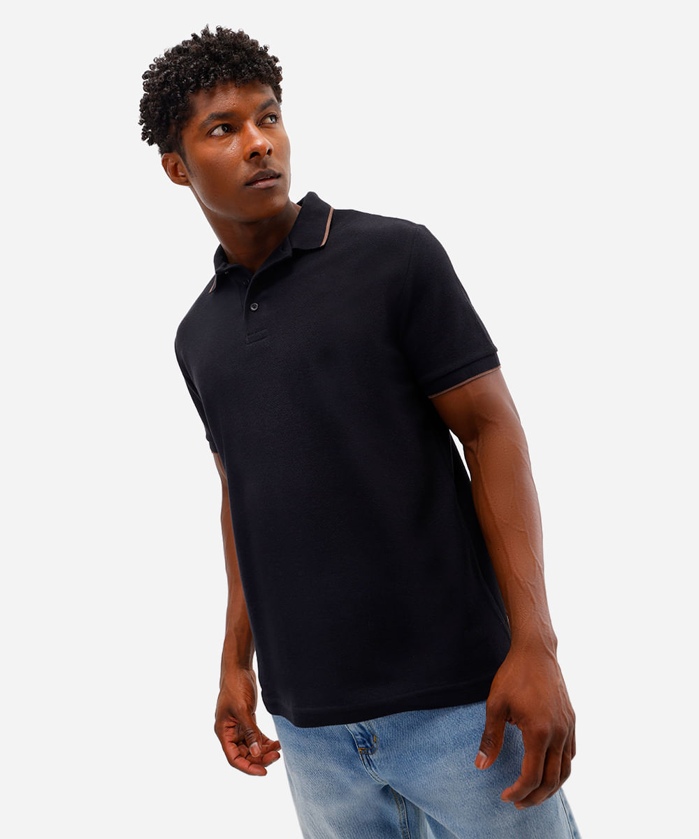 polo básica masculina de algodão manga curta texturizada preta