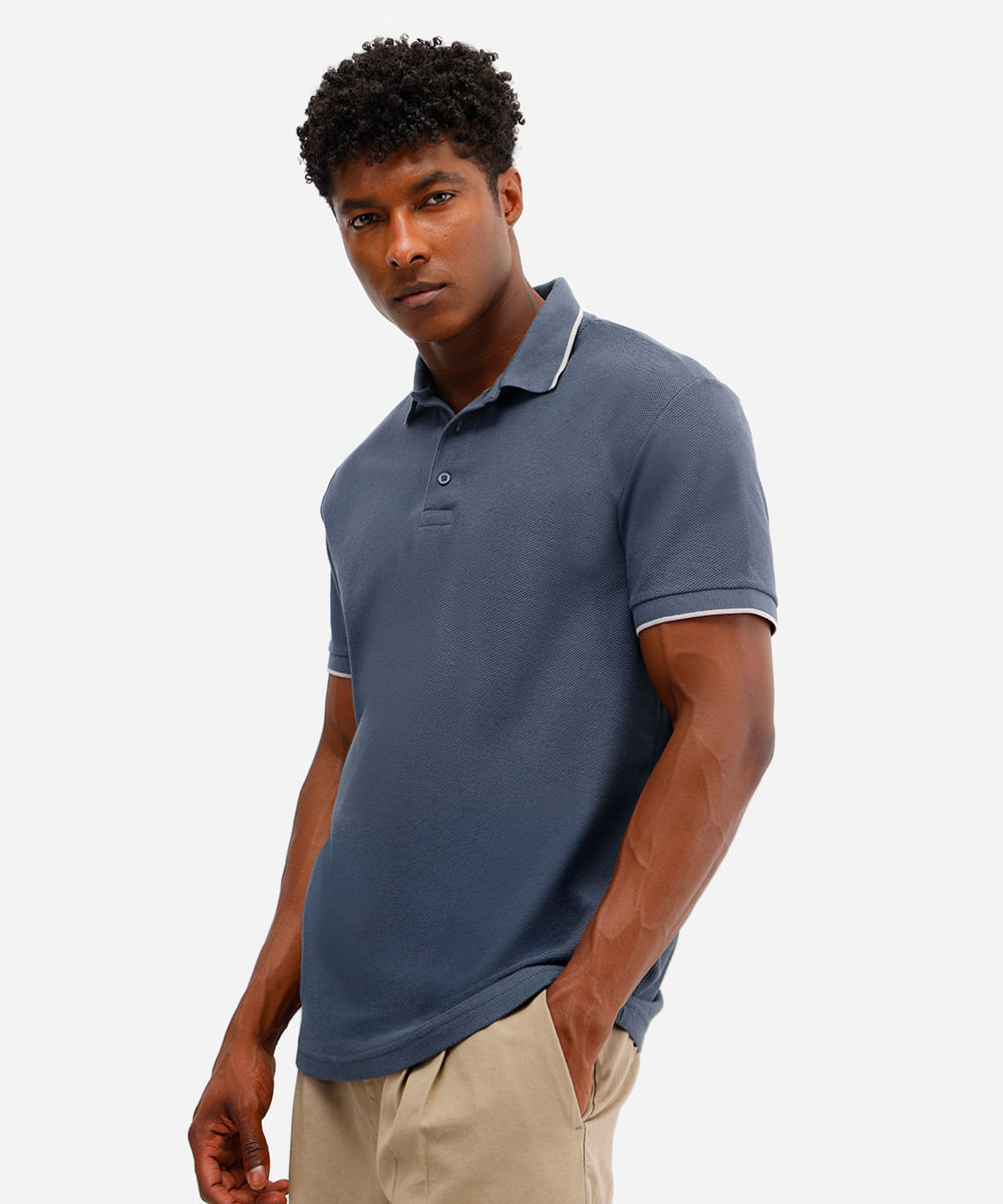 polo básica masculina de algodão manga curta texturizada azul