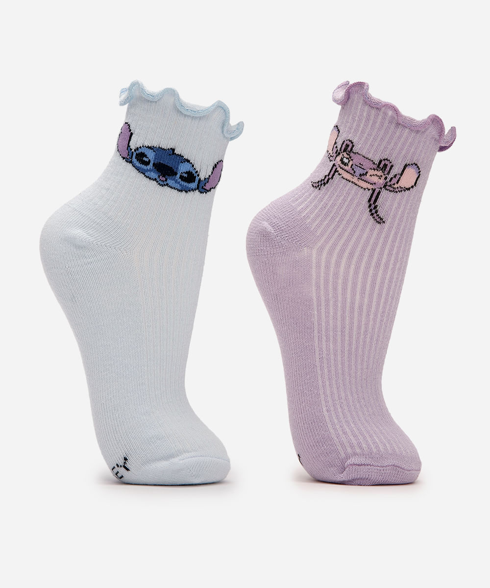 kit de 2 meias infantil stitch com frufru colorido