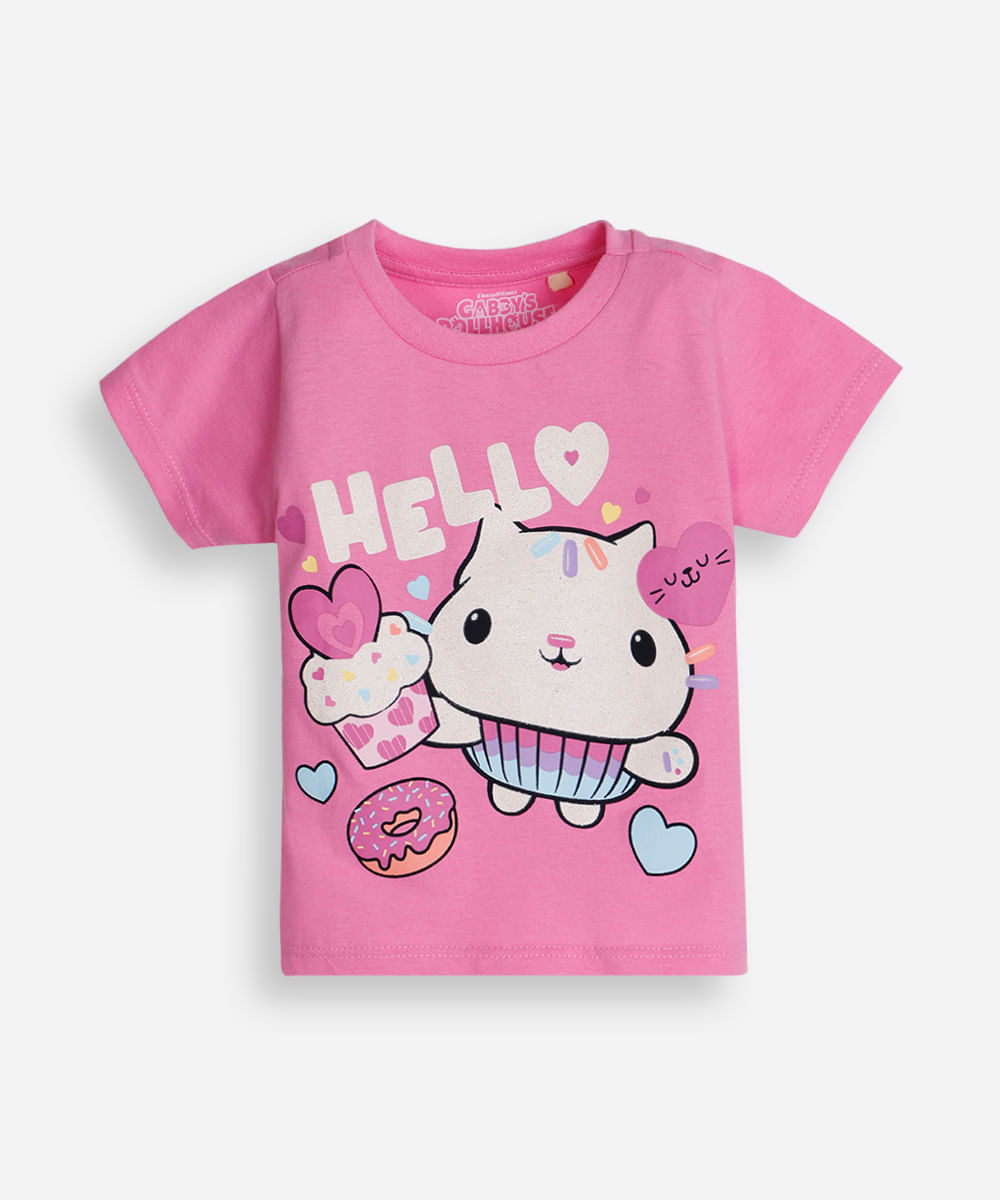 camiseta infantil de algodão gatinho com glitter rosa