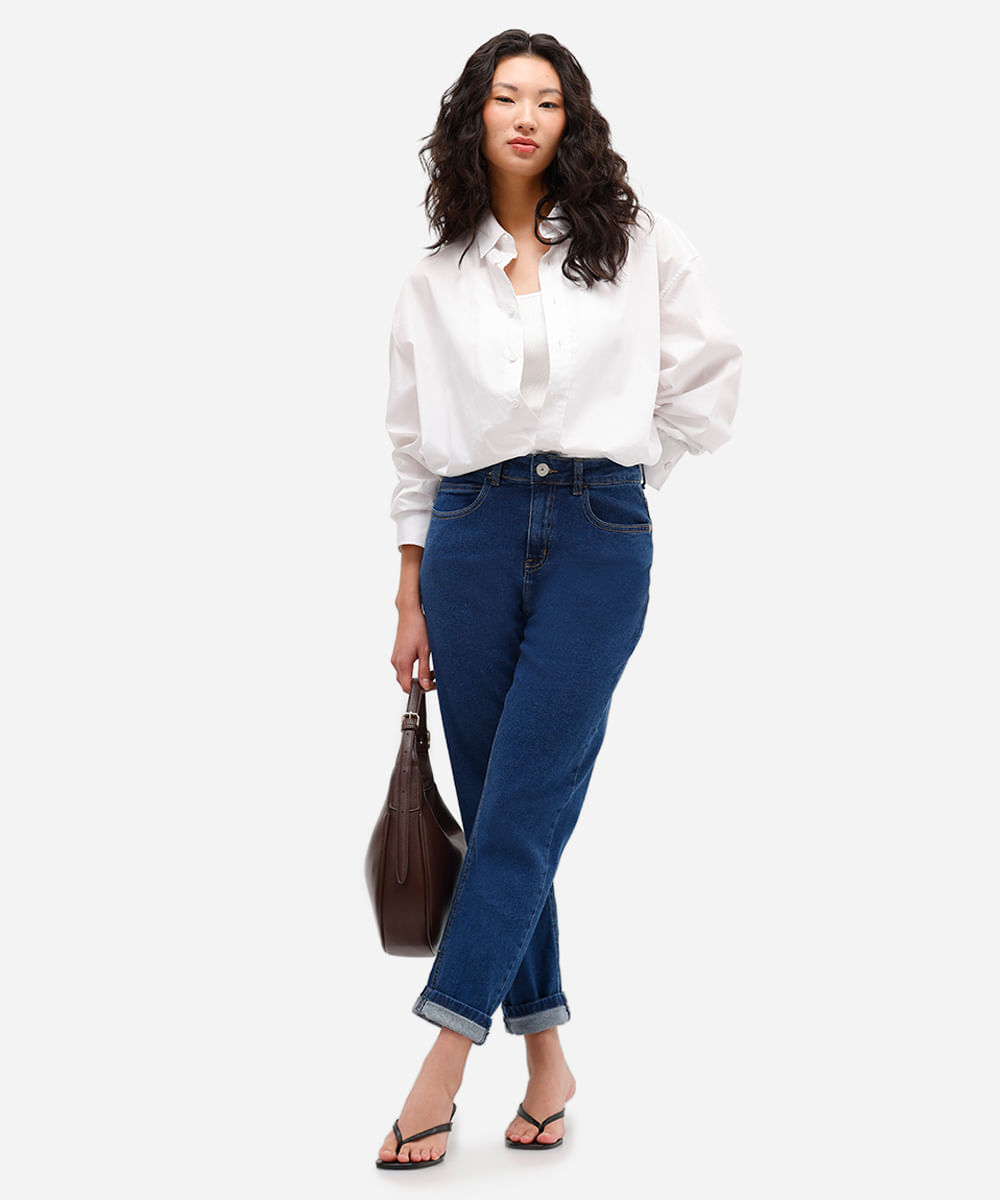 calça mom feminina jeans barra dobrada azul