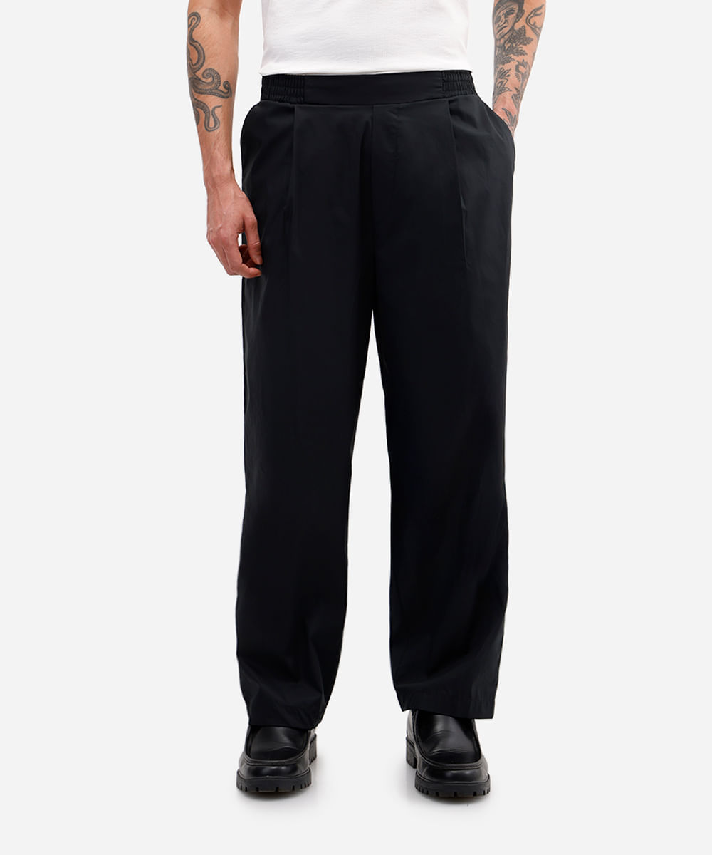 calça wide leg masculina de algodão cós elástico preta