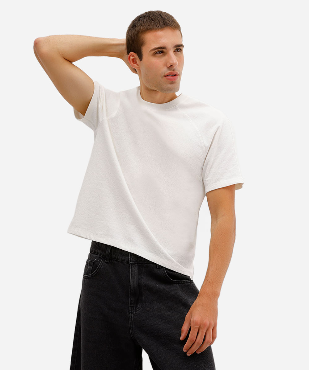 camiseta masculina de algodão manga raglan texturizada off white
