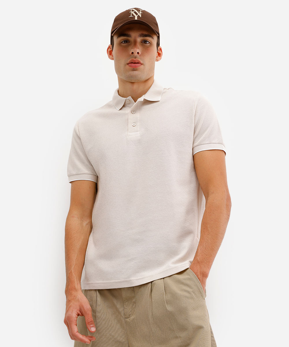 polo básica masculina de algodão manga curta texturizada bege