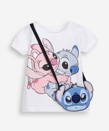 camiseta de algodão infantil stitch e angel com bolsinha off white 2 camiseta de algodão infantil stitch e angel com bolsinha off white 2