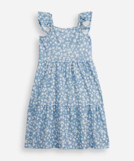 vestido infantil floral com babados texturizado azul 6