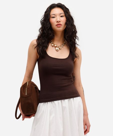 regata feminina de algodão decote quadrado - marrom escuro P regata feminina de algodão decote quadrado - marrom escuro P