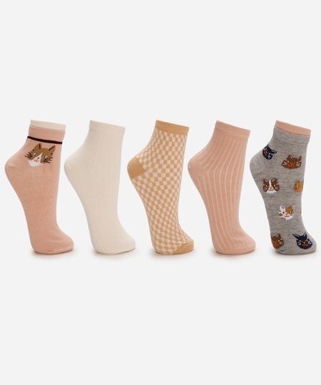 kit de 5 meias femininas cano médio gatinhos - multicor 34-39