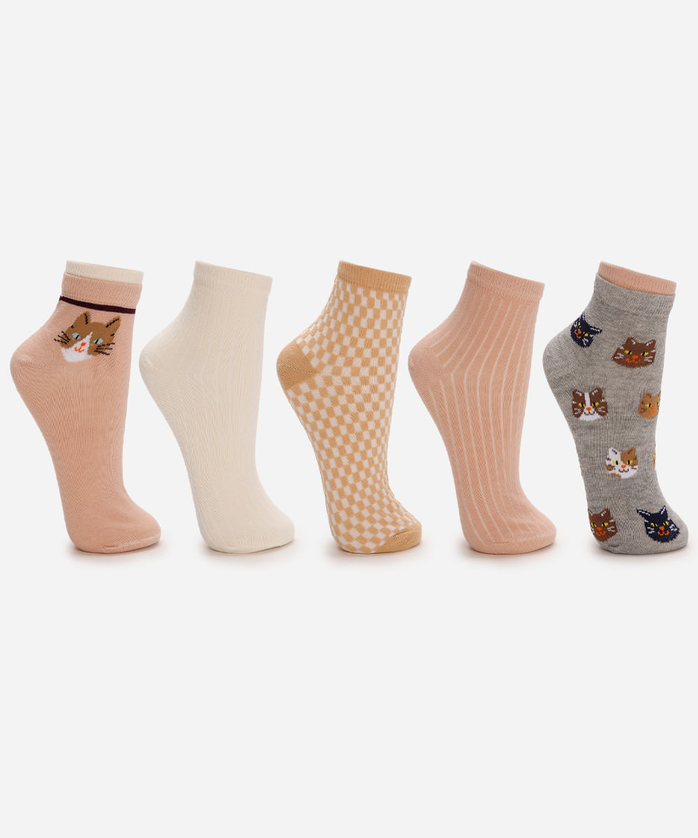 kit de 5 meias femininas cano médio gatinhos - multicor